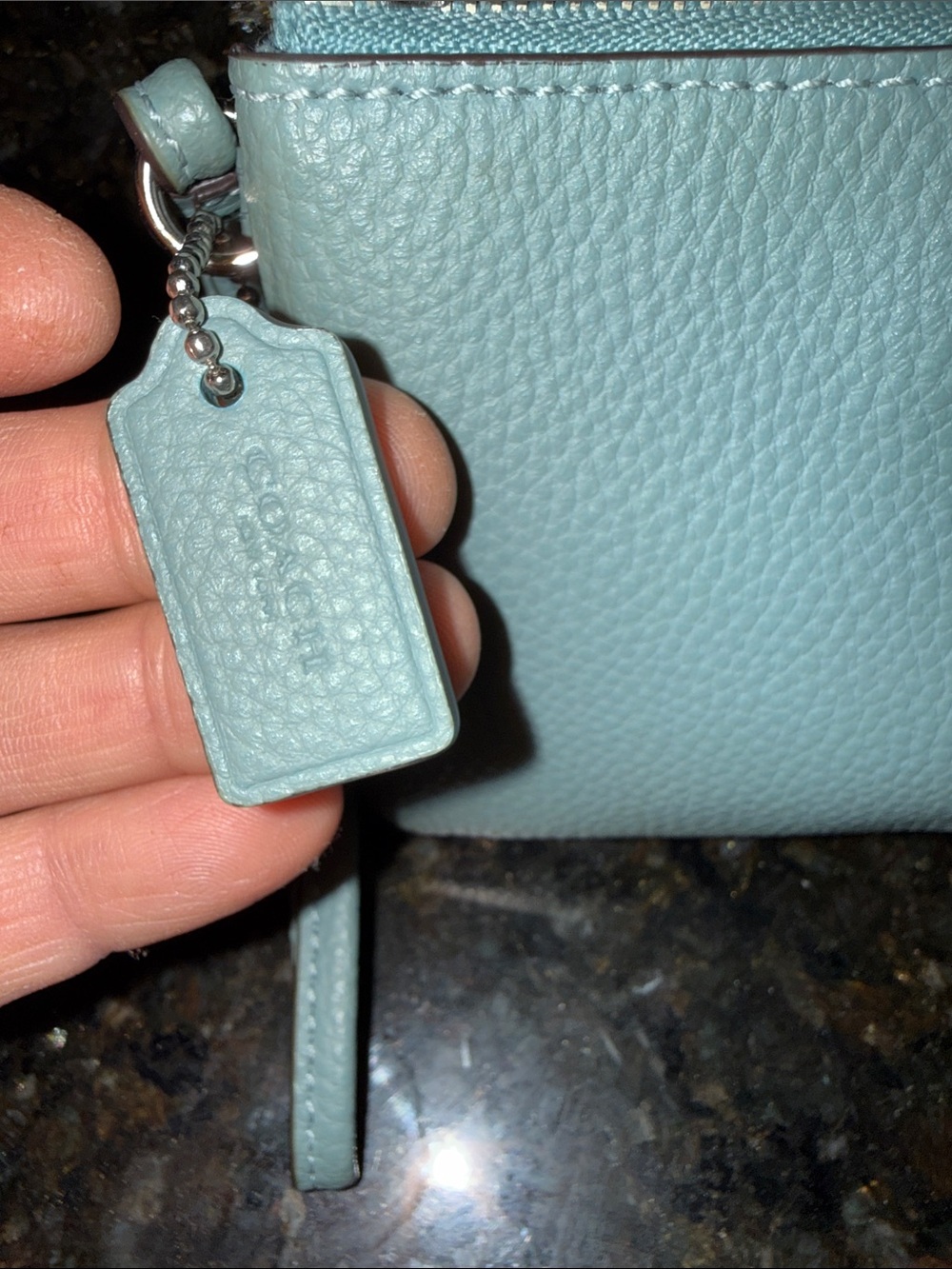 Coach double zip Pebble Leather Wristlet in Mint Blue - Picture 3 of 9